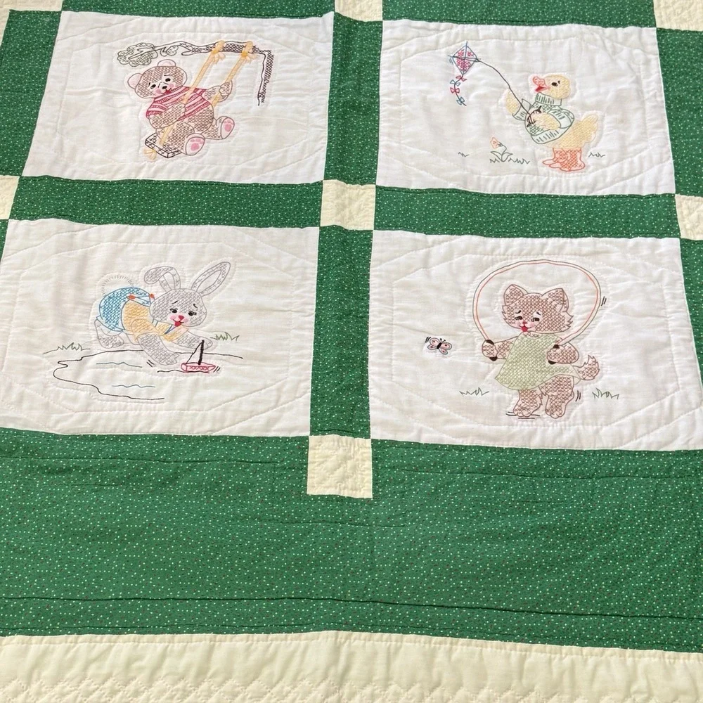 Handmade Vintage Embroidered Animal Quilt Twin Nursery Bunny Duck Green 50x64
